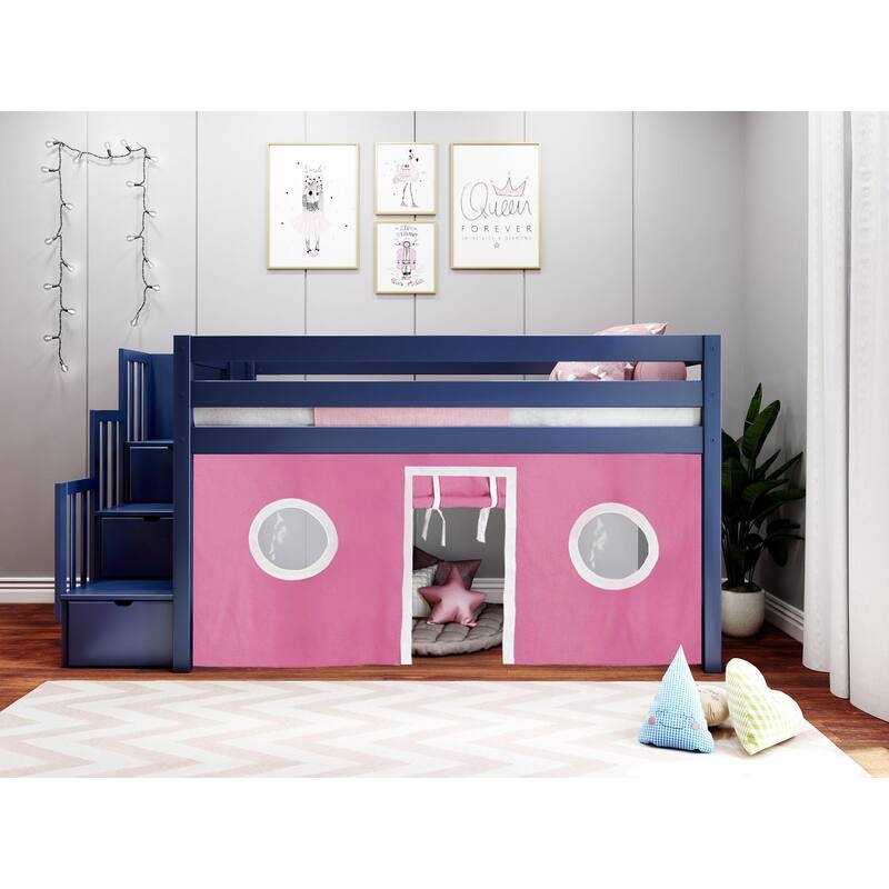 JACKPOT Contemporary Low Loft Twin Bed with 3 Step Stairway and Tent