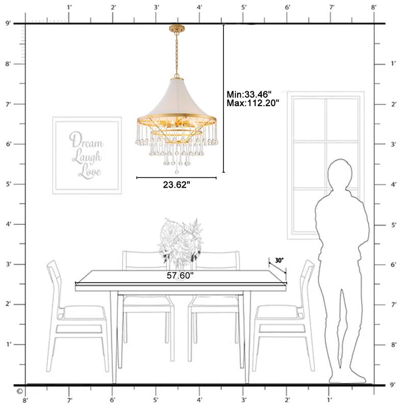 Brushed Gold Crystal Tiered Chandelier with Linen Shade Dining Room - Dia.23.62-in