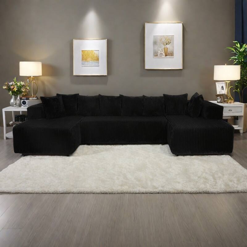 130.31" Striped Corduroy U-Shape Sectional Sofa with Reversible Chaise and Zero-Assembly Design - Black