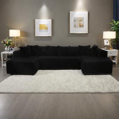 130.31" Striped Corduroy U-Shape Sectional Sofa with Reversible Chaise and Zero-Assembly Design