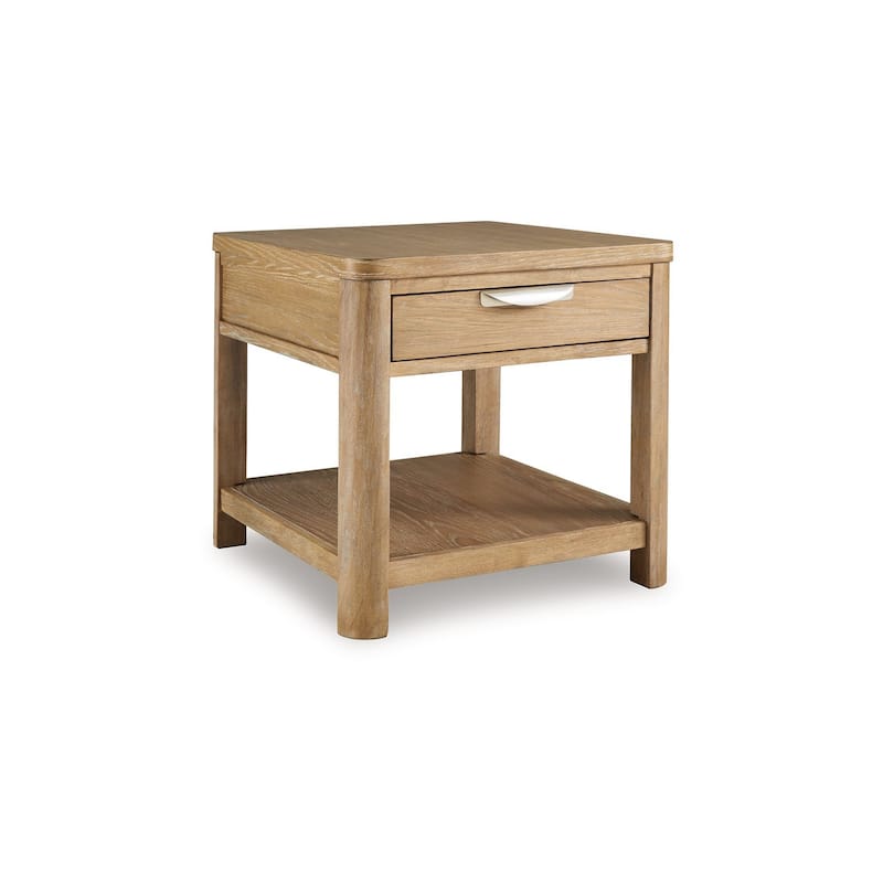 Renie Side End Table, 1 Drawer, Open Shelf, 26 Inch Light Brown Wood