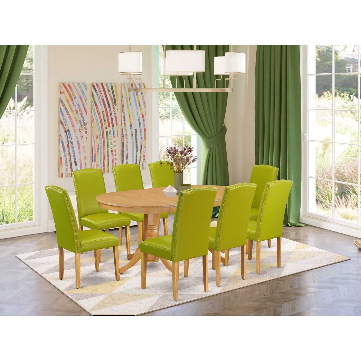 Kitchen Dining Set 9pc Table W/ Leaf & 8 Chairs - Oak Leg, Green PU Leather