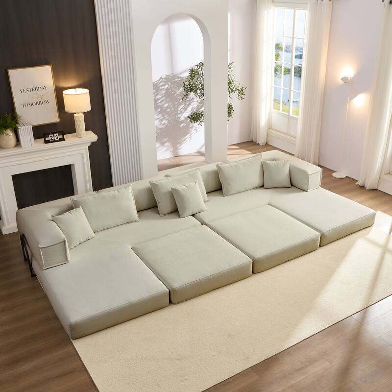 DIY Modular Corduroy L-Shaped Floor Sofa Set with 6 Pillows