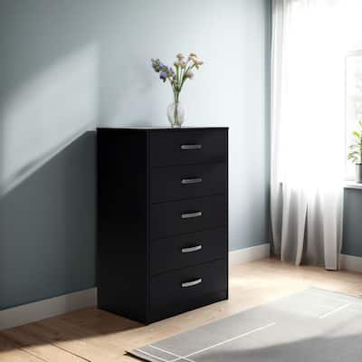 Finny Tall Dresser Chest, 5 Drawer, Matte Black, Silver Metal, 46 Inch