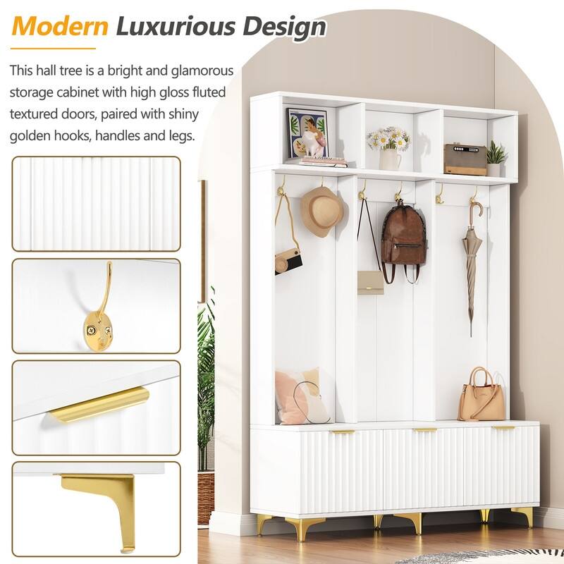 Modern Large Storage Hall Tree with Bench,High Gloss Fluted Doors