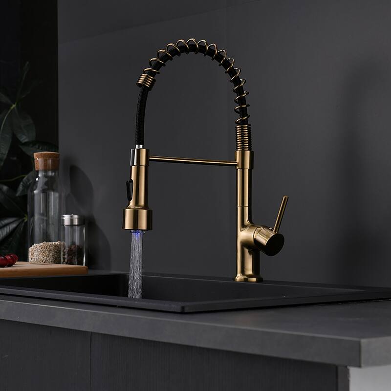 Single Handle Brushed Gold Pull Down Kitchen Faucet with LED Spray - 8"*16.1"
