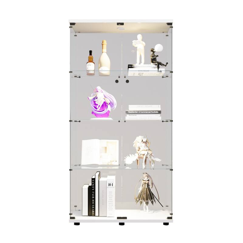 Two-door LED lights Glass Display Cabinet 4 Shelves with Door - White