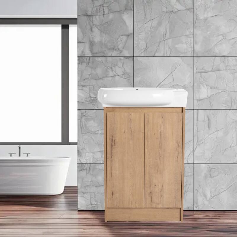 Compact 23'' Freestanding Vanity with Round Ceramic Sink & Soft-Close Hinges for Bathroom - Imitative Oak