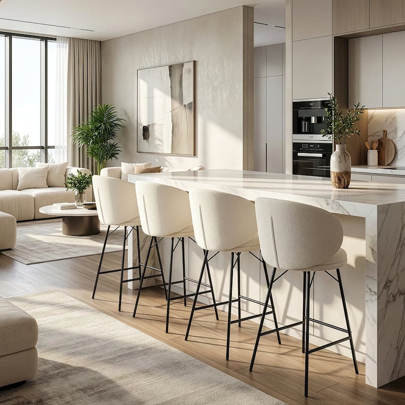 Set of 2 Baxter White Boucle Fabric Counter Stool with Black Iron Legs