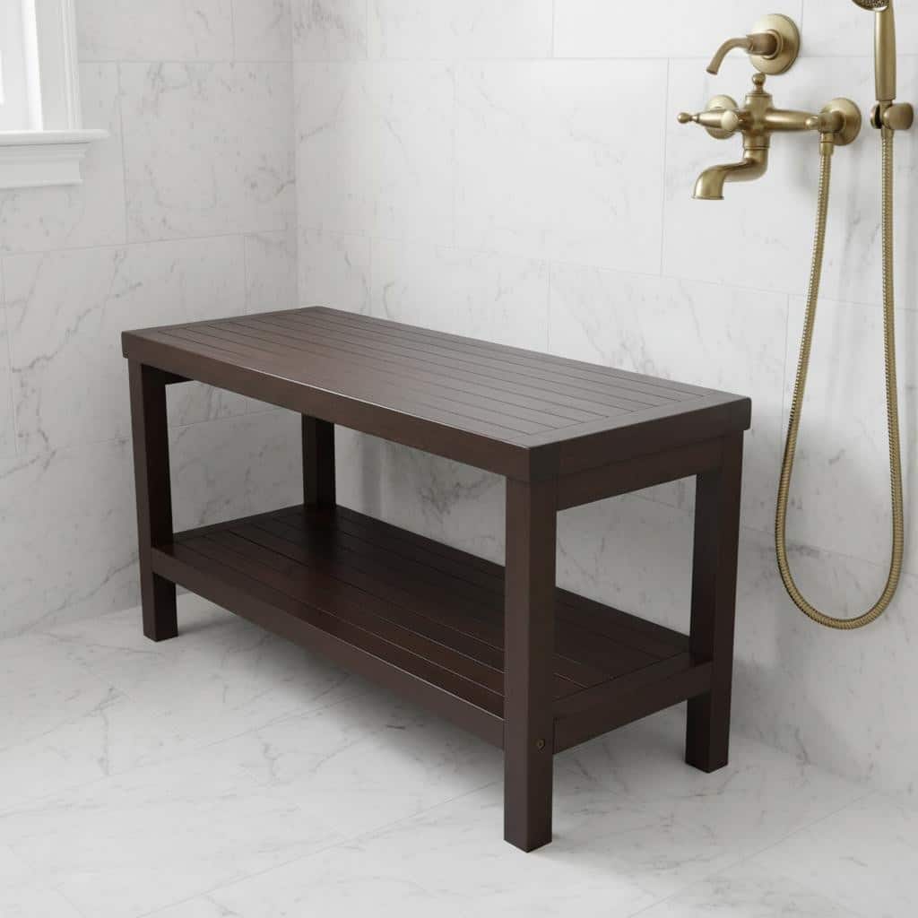 Rectangular Teak Shower Outdoor Bench With Shelf In Brown Finish