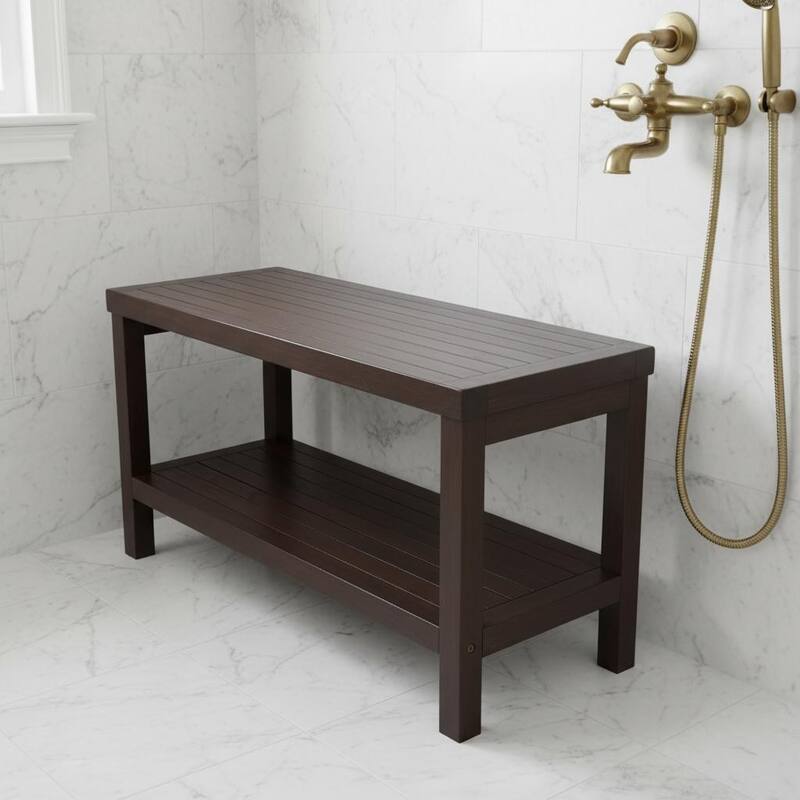 Rectangular Teak Shower Outdoor Bench With Shelf In Brown Finish - Dark Brown