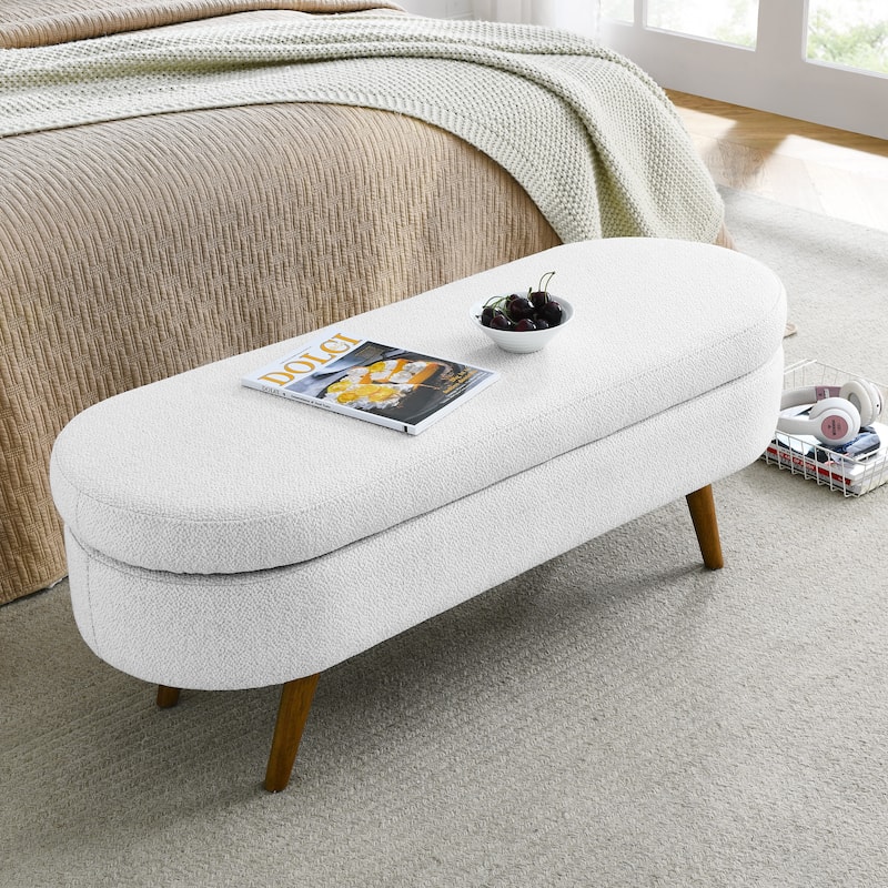 Anmytek Mid Century Modern Storage Bench White Fabric Wood Legs Multi Functional Seating