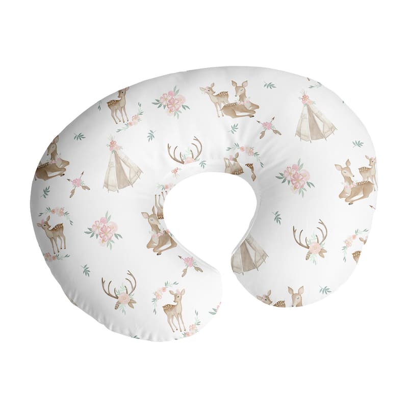 Sweet Jojo Designs Woodland Deer Floral Nursing Breastfeeding Pillow Cover Case (Pillow Not Included) Pink Green Boho Watercolor