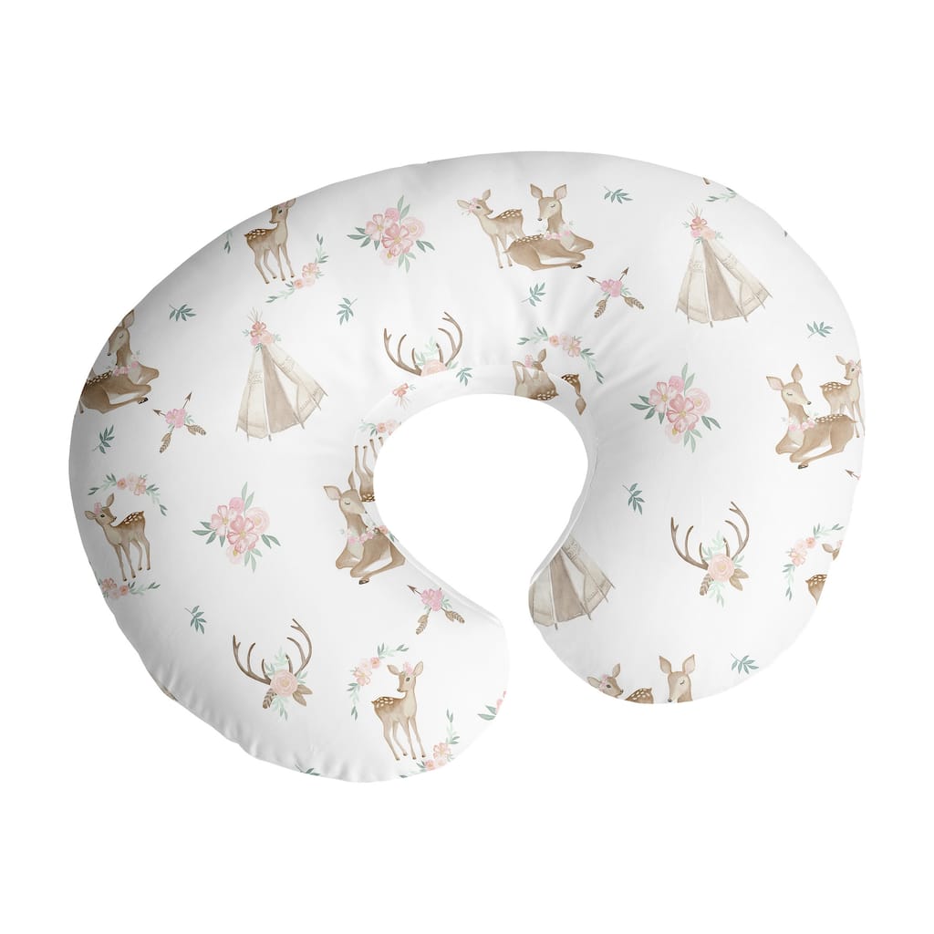 Sweet Jojo Designs Woodland Deer Floral Nursing Breastfeeding Pillow Cover Case (Pillow Not Included) Pink Green Boho Watercolor