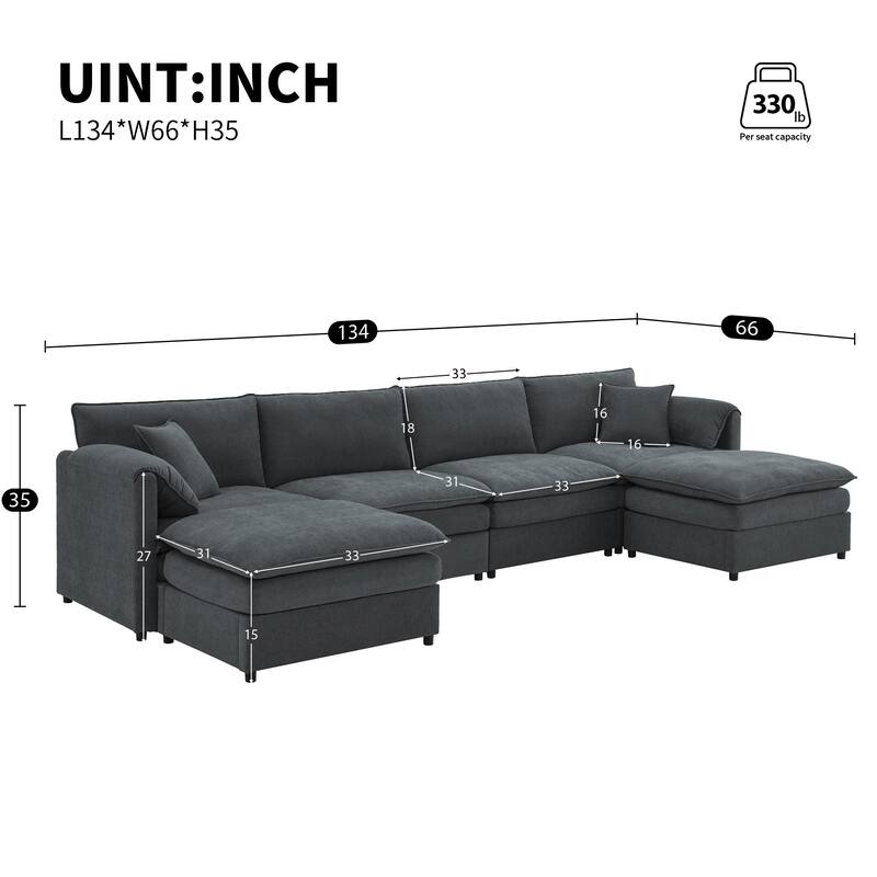 134" Chenille Modular Sectional Sofa,U Shaped Cloud Couch Set with Double Cushions