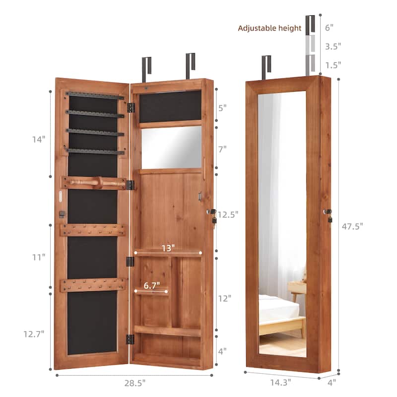Wall-Mounted Solid Wood Jewelry Cabinet with Full-Length Mirror, 47.5x14.3 Inch, Lockable Organizer with LED Lighting‌.