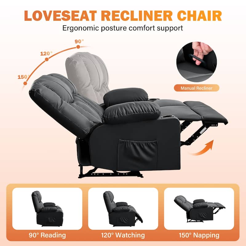 Manual Recliner Loveseat with Massage & Heating, Cup Holders & Side Pocket for Living Room