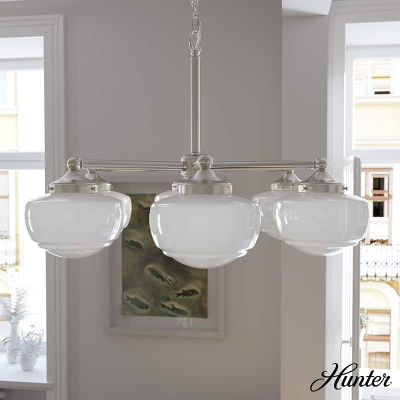 Hunter Saddle Creek Contemporary Schoolhouse Chandelier - Clear or White Glass Globes - Entry, Dining Room, Kitchen Table