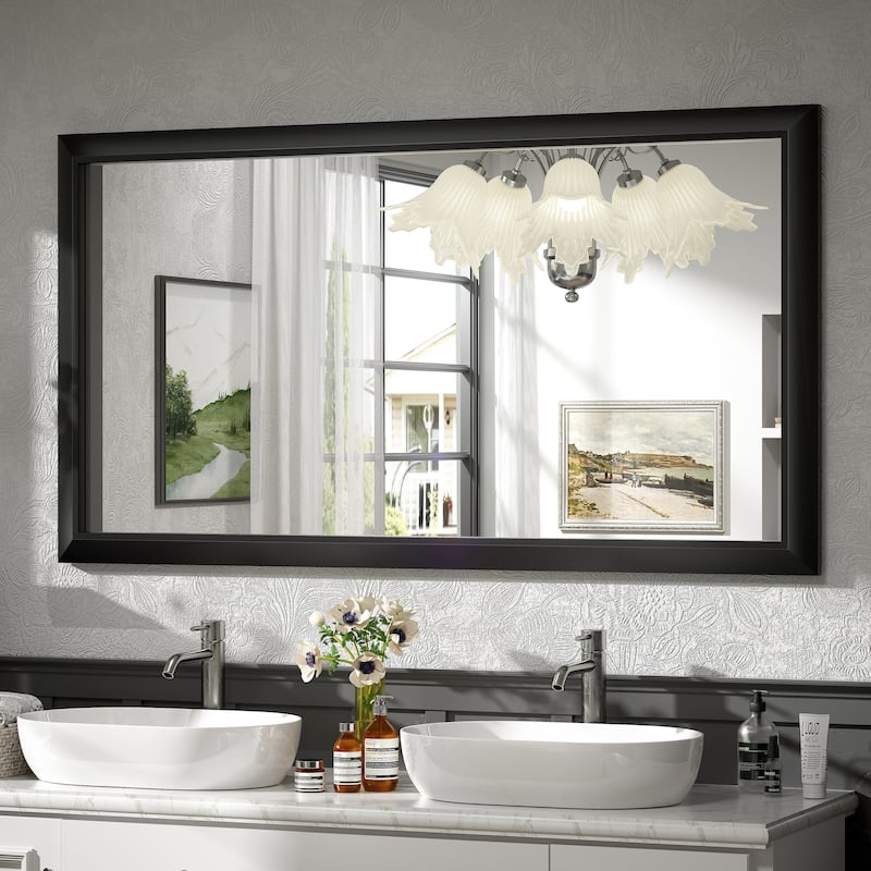 Beveled Metal Rectangle Framed Bathroom Vanity Tempered Glass Mirrors - 55" x 30" - Black
