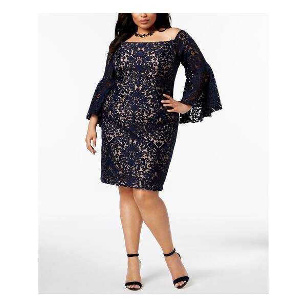 Shop Xscape Navy Bell Sleeve Knee Length Shift Dress Size 20w