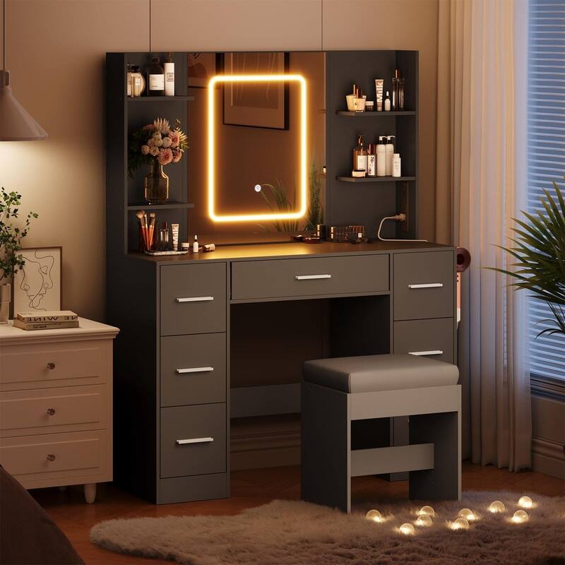 Vanity Desk with LED Lighted Mirror and Stool, 7 Drawers, 6 Open Shelves