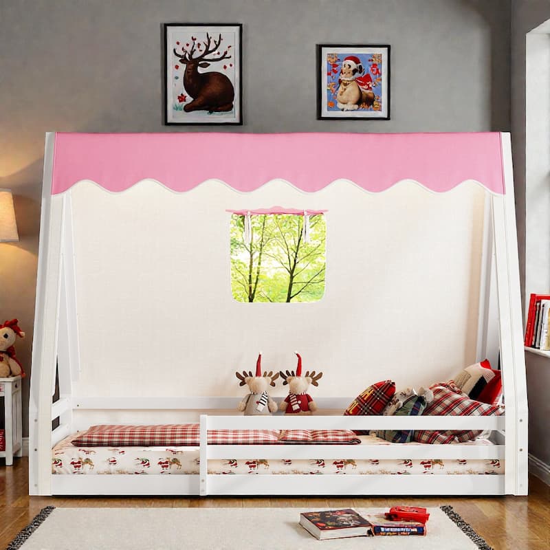 Montessori House Floor Bed with Tent and Lights, Solid Wood Teepee Bed with Guardrails, Twin/Full Kids Bed Frame - White Pink - Twin