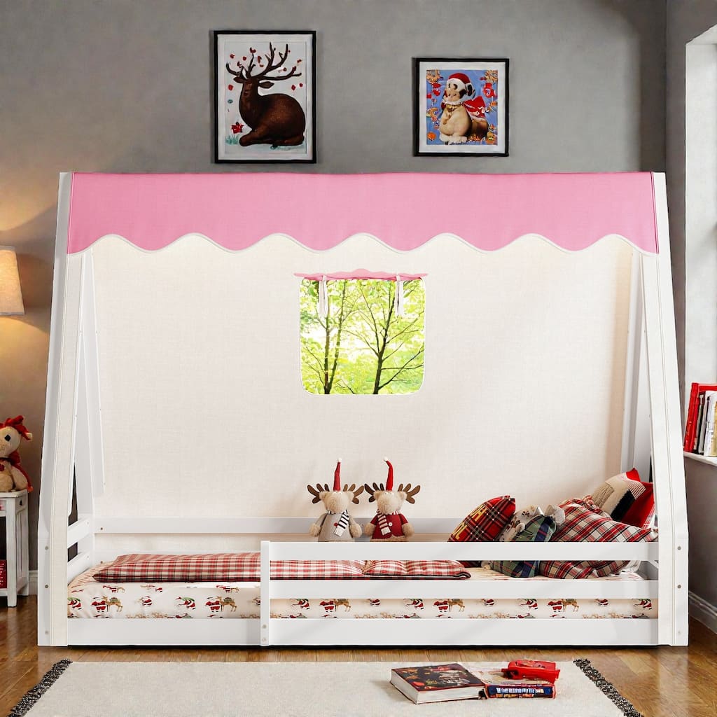 Montessori House Floor Bed with Tent and Lights, Solid Wood Teepee Bed with Guardrails, Twin/Full Kids Bed Frame