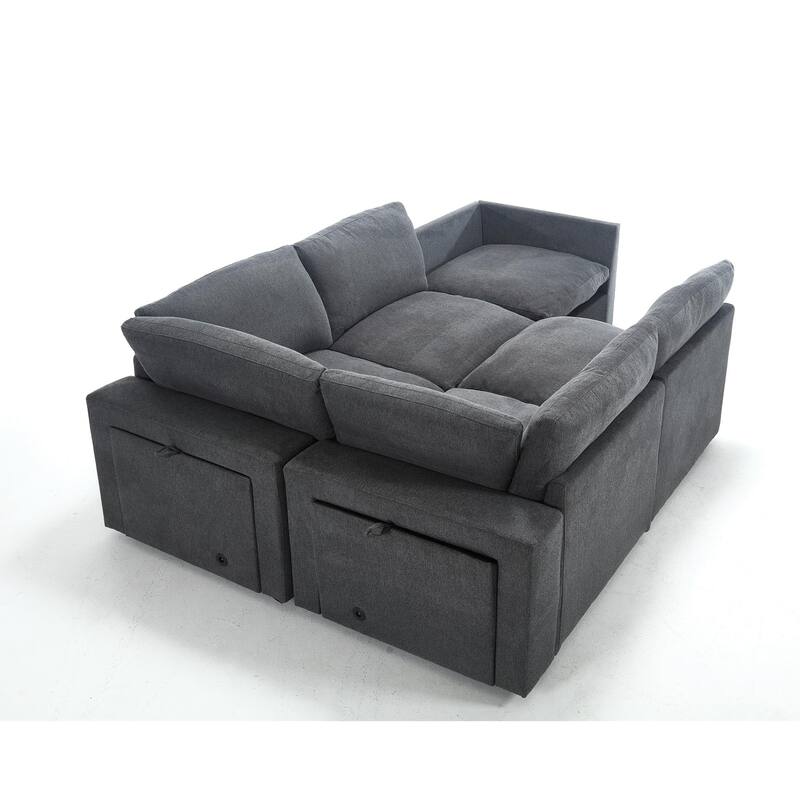 141.5" Linen Modular L-Shaped Sectional Sofa with Wireless Charging, Cup Holders & Book Storage, 5-Seat Configurable