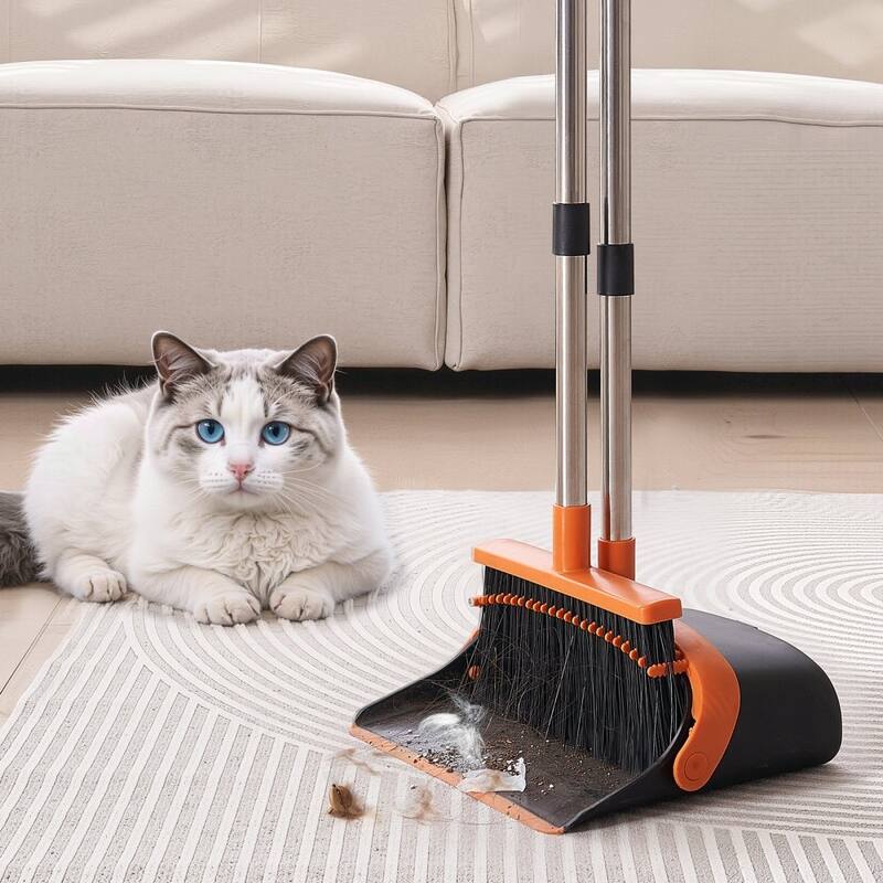 Black and Orange Stainless Steel Broom and Dustpan Set with Self-Cleaning Teeth and Adjustable Handles