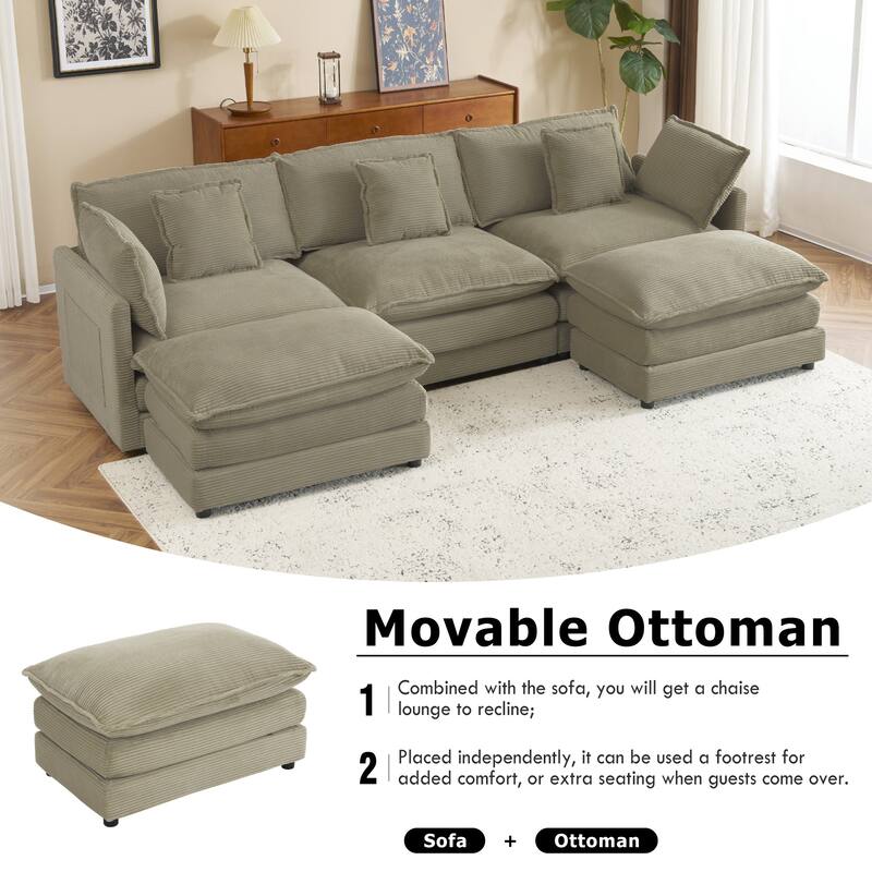 Roomfitters Large Modular Corduroy L-Shape Sectional Sofa with Side Storage Pockets for Living Room Functionality