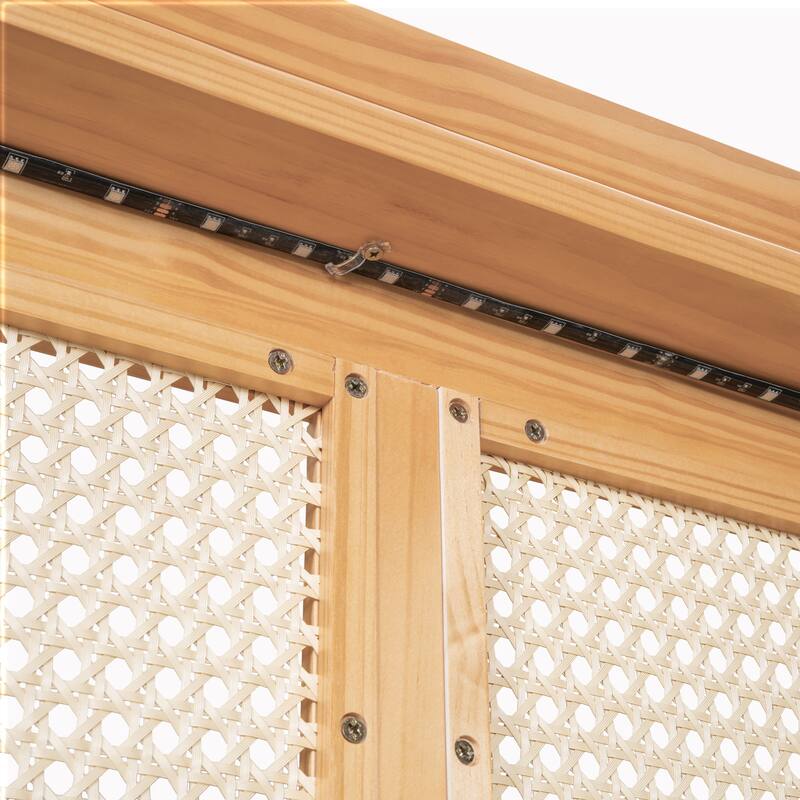 Elegant Bed Frame with Rattan Headboard and Sockets