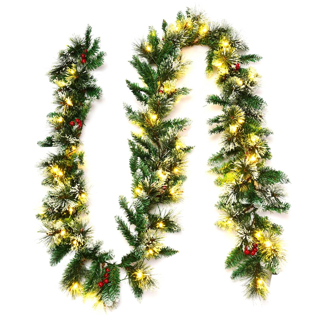 Costway 9ft Pre-lit Christmas Garland w/ Snow Flocked Tips Red Berries - 9 FT