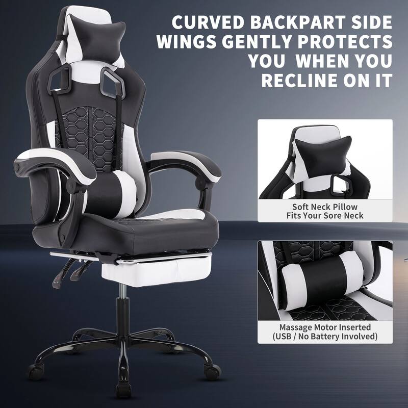 PVC Leather Gaming Chair with Massage Lumbar Support, Footrest and 300lb Capacity