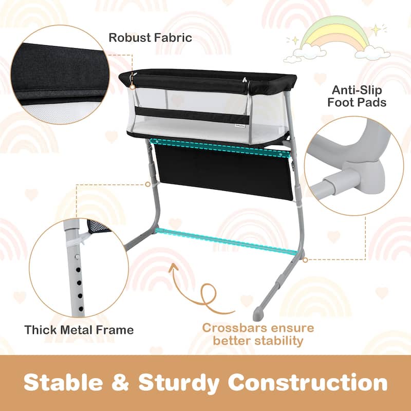 Gymax Bedside Crib w/ Mattress 5-Level Adjustable Height Protective