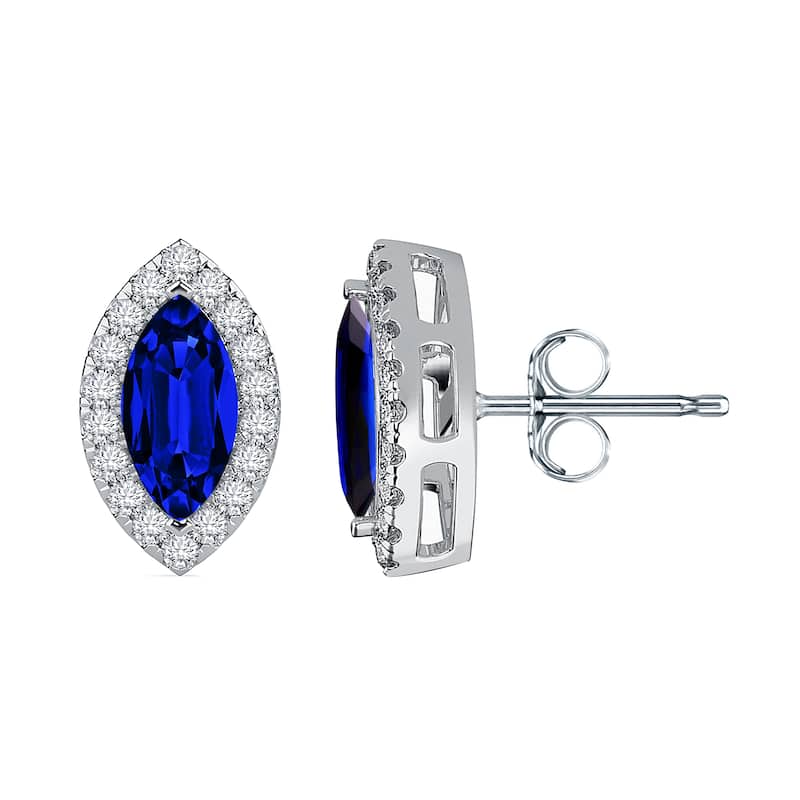 Auriya 14k Gold Lab Grown Gemstone Blue Sapphire Stud Earrings Marquise 0.25 to 5.00 ct. tw. Halo Push-Back - 2.00ct tgw. - White