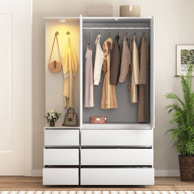 6 Drawers Armoire Wooden Bedroom Wardrobe Closet with Mirrored Door, Storage Shelves and Hanging Rail
