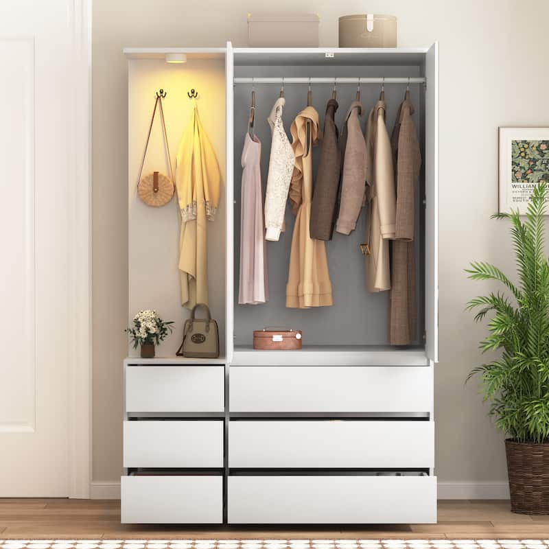71.7" H Modern Wardrobe Closet with 2 Doors & 6 Drawers, Wooden Clothing Storage Cabinet with Hanging Rail