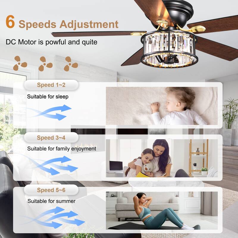 Bella Depot 52" Modern Flush Mount Ceiling Fan with Light and Remote Control 6-speed Glass Caged Shade - 52 Inches