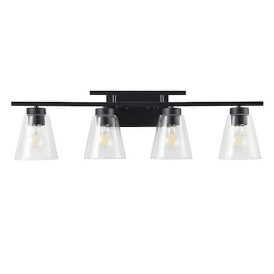 4-Light Modern Bathroom Vanity Light Fixture, Brushed Black Wall Sconce with Frosted Glass Shades