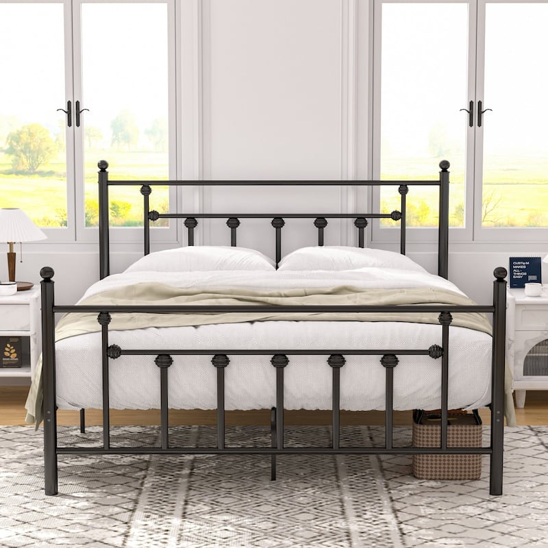 VECELO Metal Platform Bed Frame with Headboard and Footboard Heavy Duty Slat Support Underbed Storage Space Victorian Style