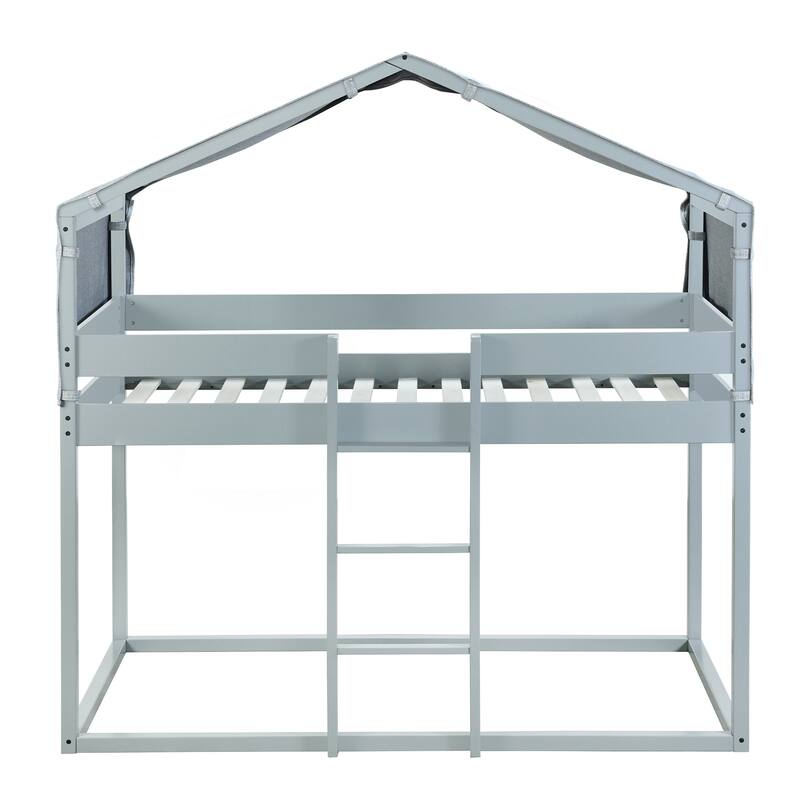 Fairytale House Bed Twin Over Twin Bunk Bed Wood Platform Bed Frame with Ladder Apex Roof Tent for Boys Girls, House-Shaped Bed