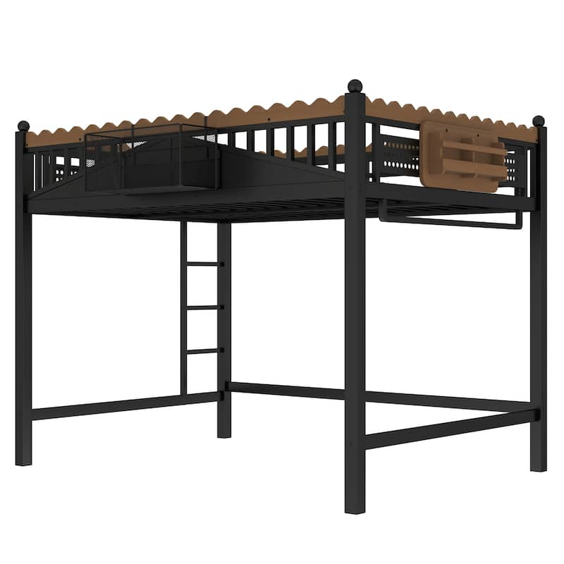Modern Metal Loft Bed with Shelves & Bookshelf, Ladder Entry, No Box Spring Needed, Multi-Size