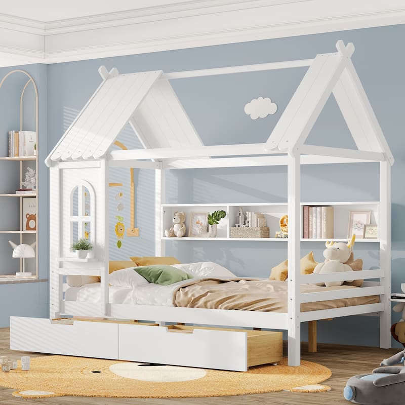 Charming House Bed for Girls, Boys Low Platform Bed Frame with Under-bed Drawers, Storage Shelves, Window and Roof
