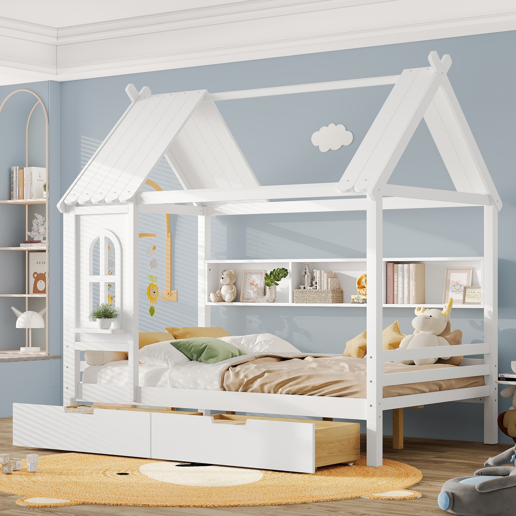 Full house Beds with Storage Drawers and Window, Solid Wood House Platform Bed Frame with shelves, No Spring Box Needed