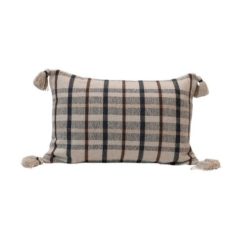 Woven Recycled Cotton Blend Plaid Lumbar Pillow with Tassels, Charcoal Color & Brown