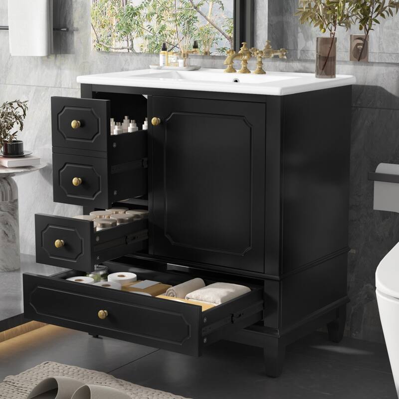 30 " Bathroom Vanity with Sink, Drawers, and Storage Shelves