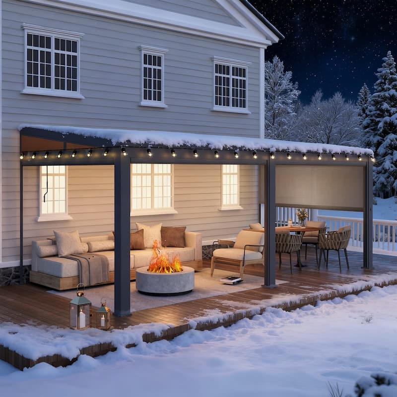 Erommy Wall-Mounted Pergola with Louvered Roof & Pull-Down Screen, Aluminum Awning for Patio or Deck