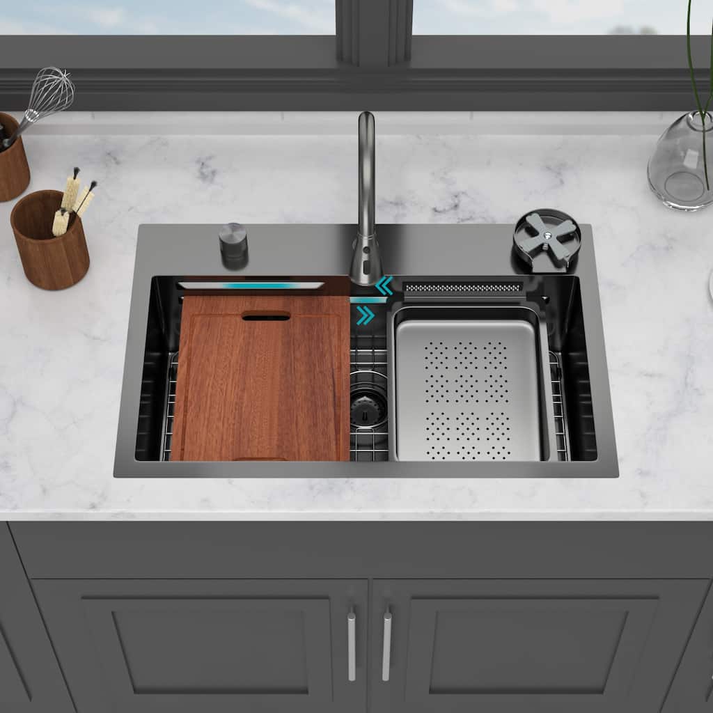 Drop in Waterfall Kitchen Sink Single Bowl with Pull-Out Faucet AND Cup Washer