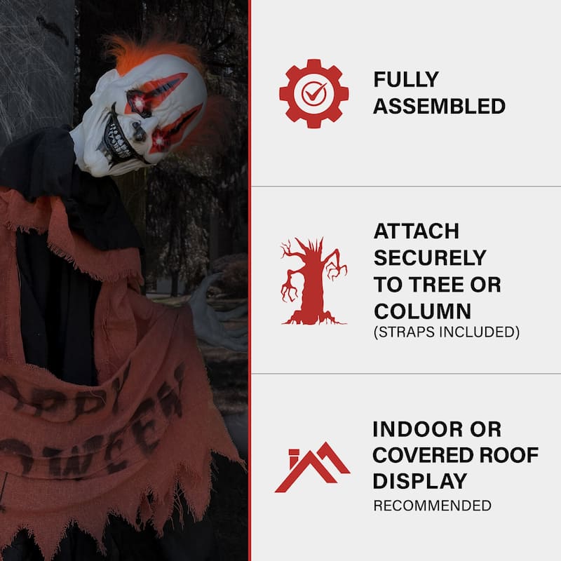 Haunted Hill Farm Twister the Clown Animatronic Tree Hugger with Movement, Sounds, and Light-Up Eyes for Halloween Decoration