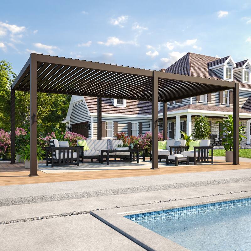 BONOSUKI Outdoor Aluminized Steel Louvered Pergola with Adjustable Roof, Brown - 12' x 20'